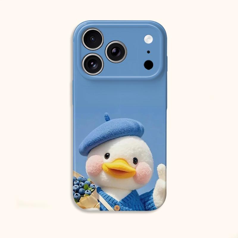 Adorable Fluffy Furry Beret Duck Blueberry Thumb Graphic Art Film Aesthetic Protective Shockproof Bumper Case For iPhone 14 15 16 Pro Max Plus