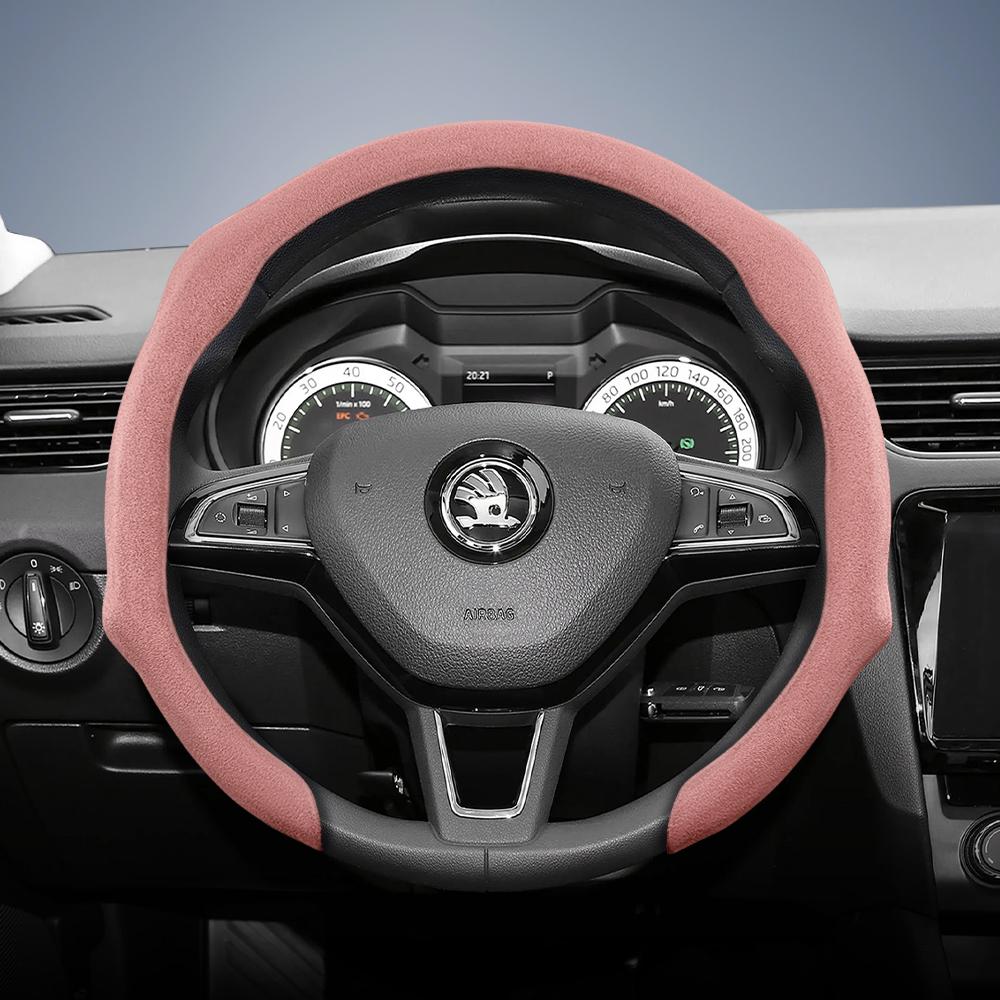 Suitable for Skoda Premium Suede Snap-On Steering Wheel Cover, Non-Slip and Durable, Round and D-Shaped Steering Wheel Available for Octavia 