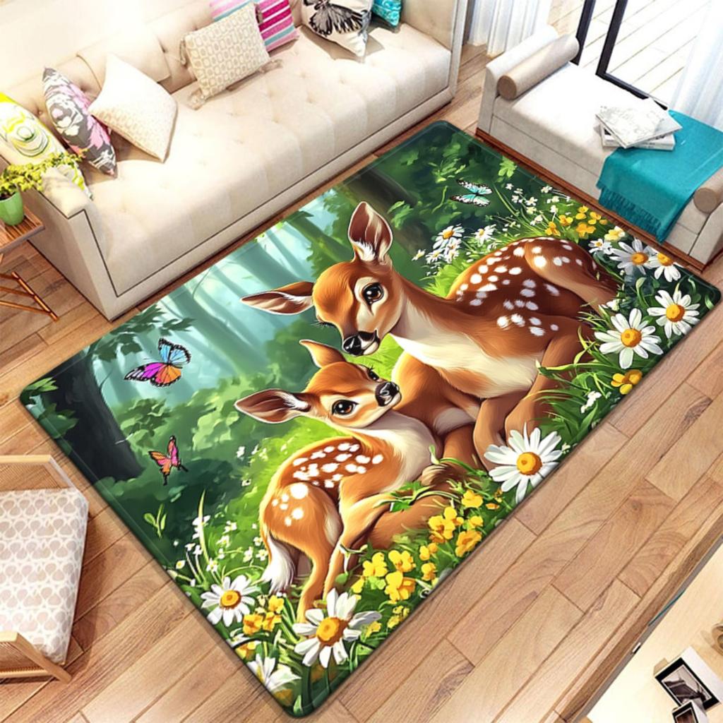Deer family forest flowers butterfly rug living room decor nature animal print carpet soft plush flooring home decoration