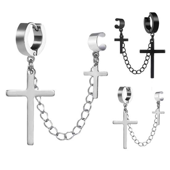 Yousheng 1Pc Punk Hip Hop Metal Chain Ear Cuff Creative Cross Tassel Men Earring Jewelry Accessories
