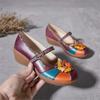 Johnature Vintage Flower Colour Wedges Sandals Genuine Leather Handmade Ethnic Style Comfortable Women Shoes