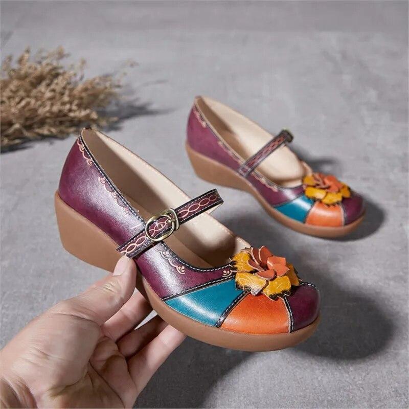 Johnature Vintage Flower Colour Wedges Sandals Genuine Leather Handmade Ethnic Style Comfortable Women Shoes