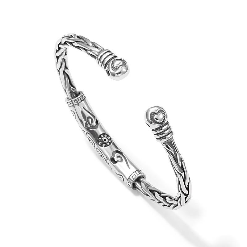 Vintage Six Character Mantra Couple Bangle Ethnic Style Twisted Copper Silver Plated Mens Bracelet