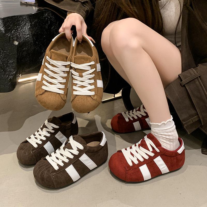 European matte soft leather big head lace-up bread shoes casual board shoes thin German training shoes flat shoes sports shoes women's shoes