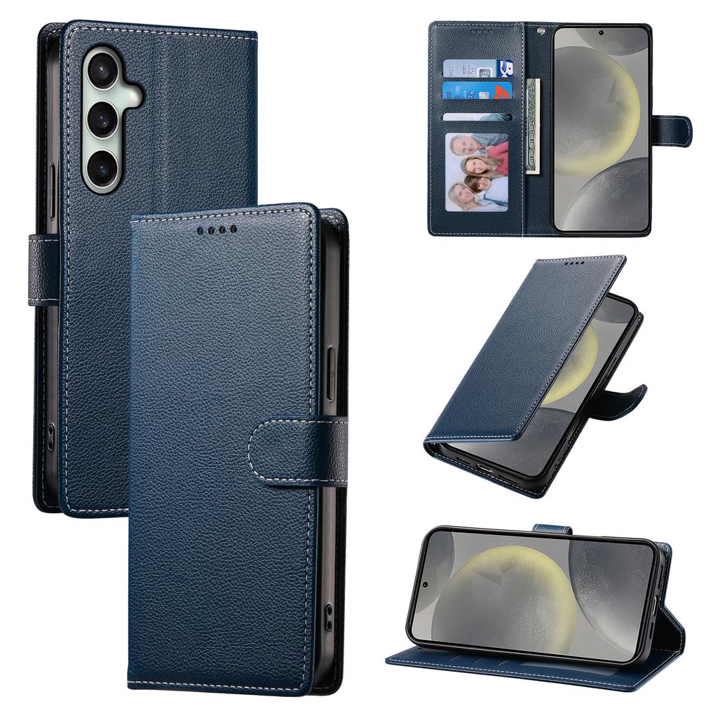 For Samsung Galaxy S25 FE Case Magnetic Snap Litchi Texture Leather Wallet Phone Cover with Wrist Strap