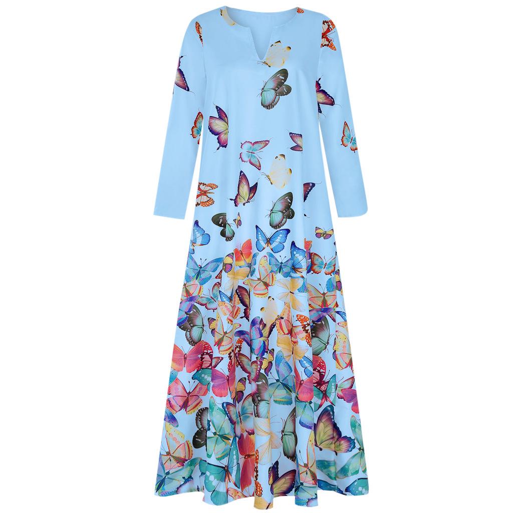 Women's V-Neck Ink Print Butterfly Dress with Pockets, Long Sleeve Summer Style