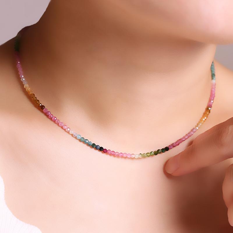 

Gradient Ultra-Fine Natural Small Tourmaline Necklace for Women, Summer Collarbone Chain, Rainbow Choker, Colorful Crystal, New Chinese Style Chain Length40cm