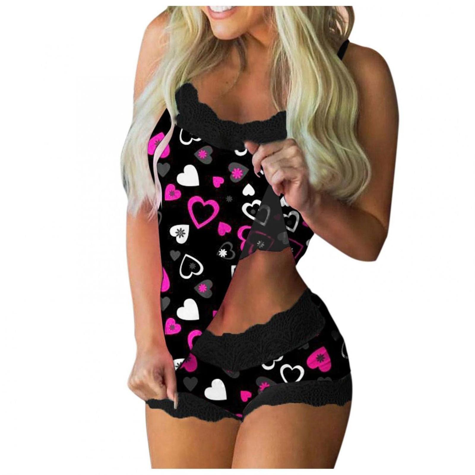 Women s Two Piece Pajama Set Lace Trim Sleeveless Camisole and Shorts Soft Comfortable Sleepwear Lounge Set M чёрный