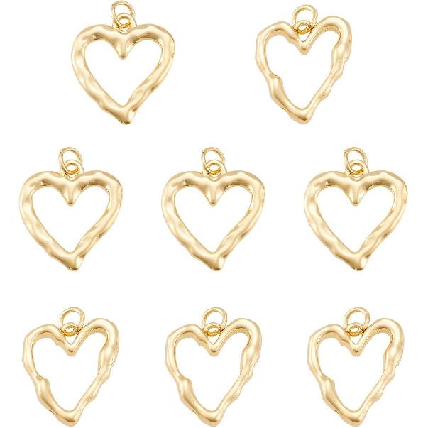 FASHEWELRY 8Pcs 18K Gold Plated Heart Charms Golden Brass Heart Pendants Hollow Heart Dangle Bezel Charms for Valentine's Day DIY Earring Necklace