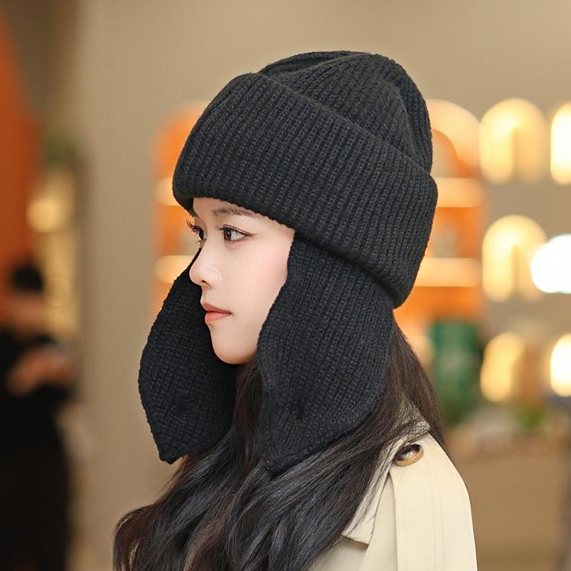 Korean Solid Color Earmuff Knitted Hat Winter Keep Warm Versatile Beanie For Women