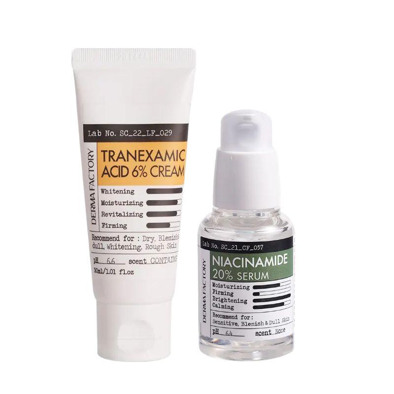 

DERMA FACTORY Niacinamide 20% Serum 30ml + Tranexamic Acid 6% Cream 30ml – Brightening & Dark Spot Correcting Set