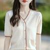 women color block trim knit cardigan v-neck short sleeve hollow out casual button down sweater