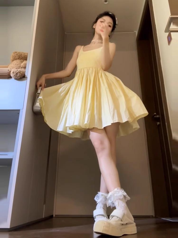 French Yellow Suspender Dress Children's Summer New Small Seaside Vacation Temperament Puffy Skirt