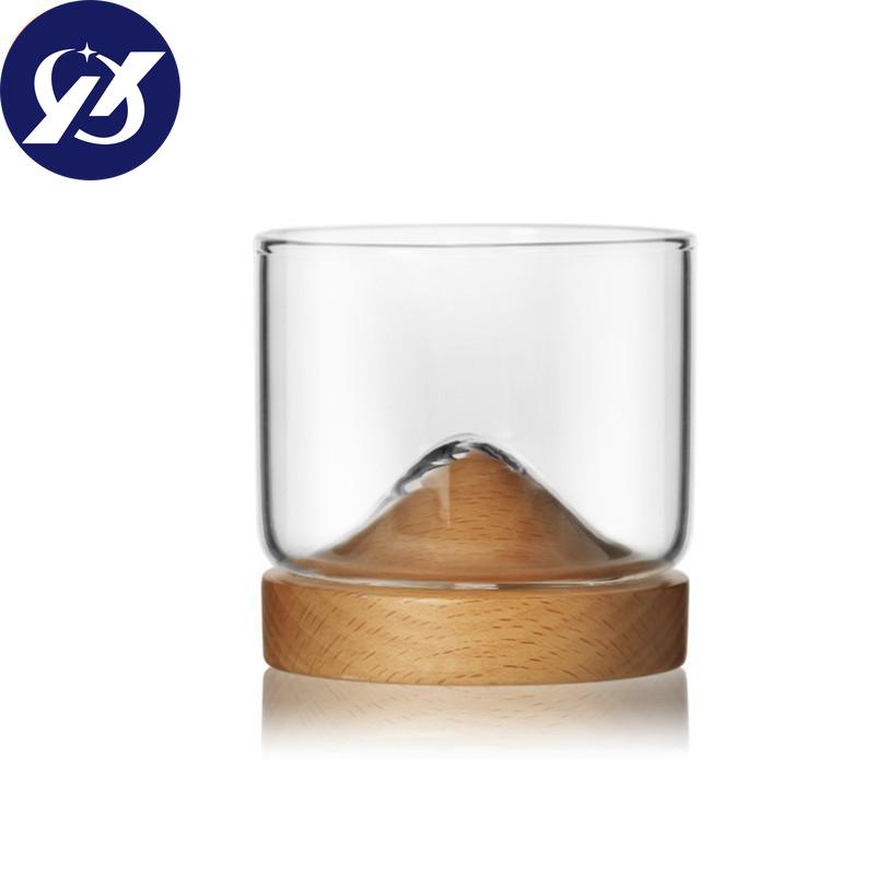 120ML Transparent Mountain W skey Glass with Wooden Base Heat Resistant Beer Glass Wine Water Tea Cup Set Bar Drinkware