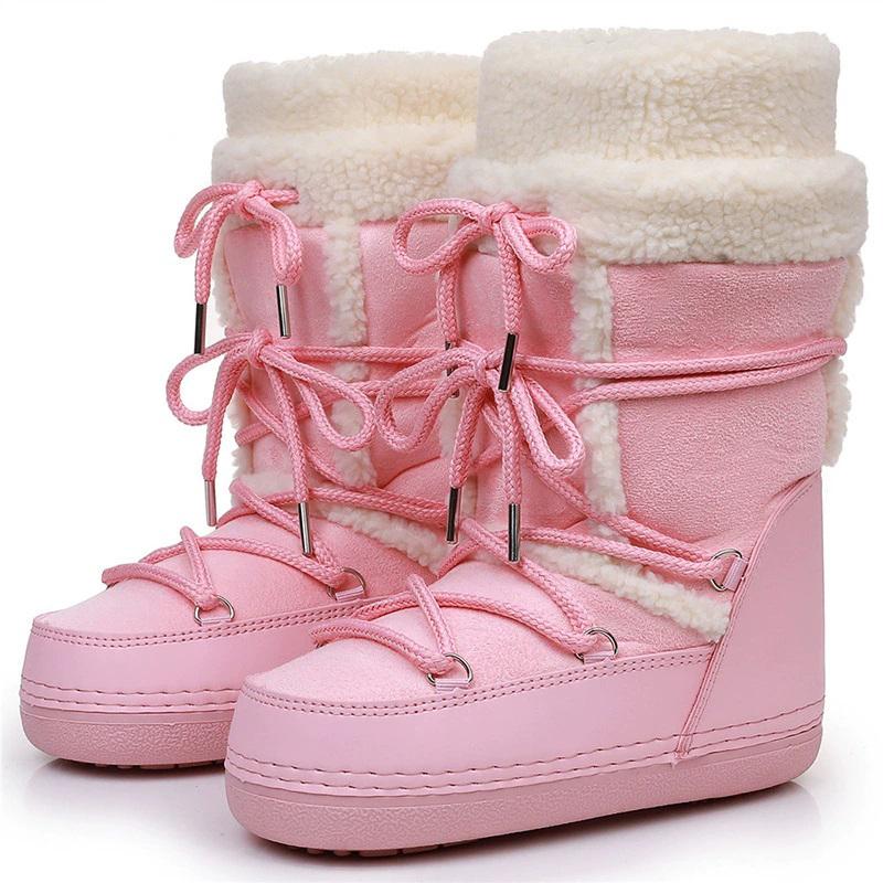 Fashion Winter Fluffy Women's Snow Boots Outdoor Faux Fur Cotton Boots Waterproof Middle Calf Platform Shoes Female Ski Boots