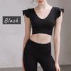 VeroMan Yoga Top with Short Cute Short Size Cups, Sleeves, Ruffles, Length, Fitness, Ballet, ppi-ssd12 (Black, L)