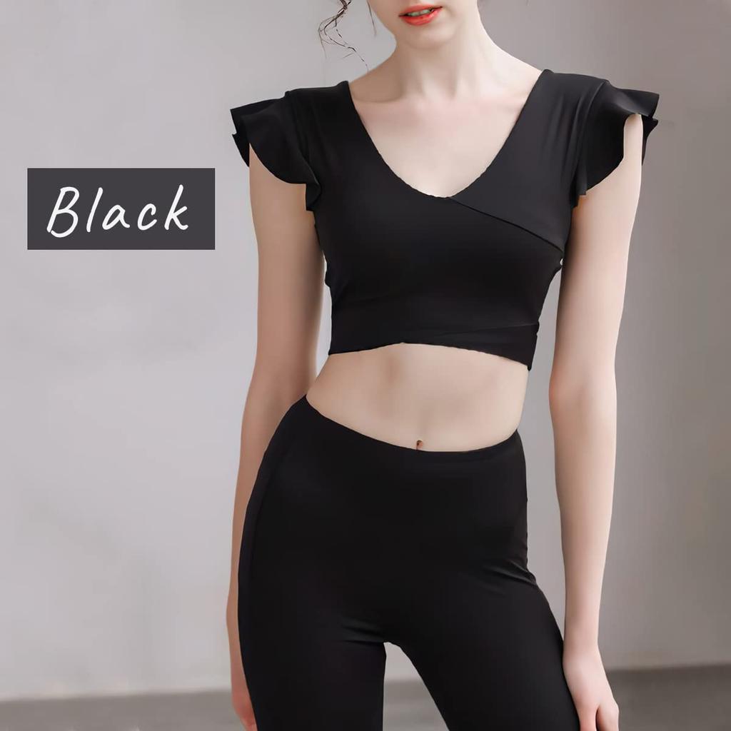 VeroMan Yoga Top with Short Cute Short Size Cups, Sleeves, Ruffles, Length, Fitness, Ballet, ppi-ssd12 (Black, L)