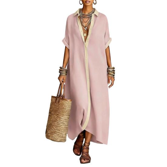 Sommer-Maxikleid für Damen Knopfleiste Kurzarm Tunika-Hemdkleid Lässig Reise Urlaub Locker Lang