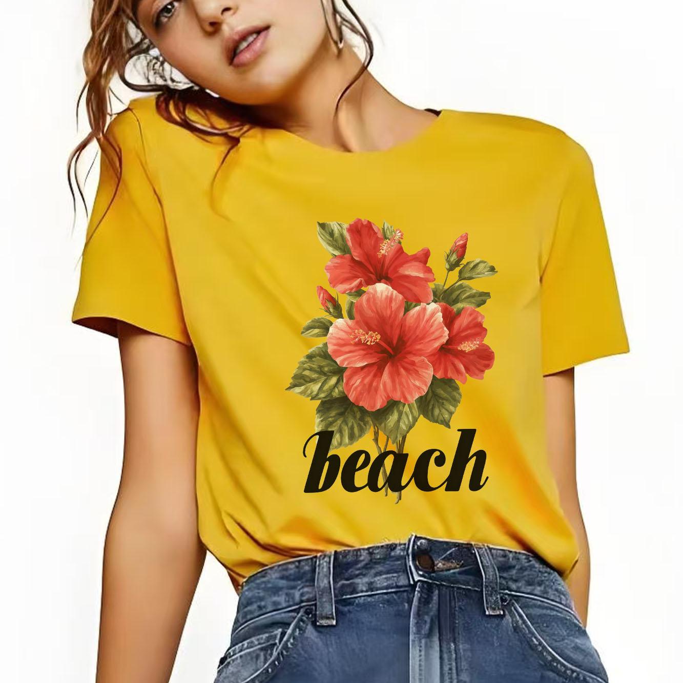 

Beautiful floral print Womens short sleeved Tshirt summer round neck versatile for daily use suitable for all seasons S