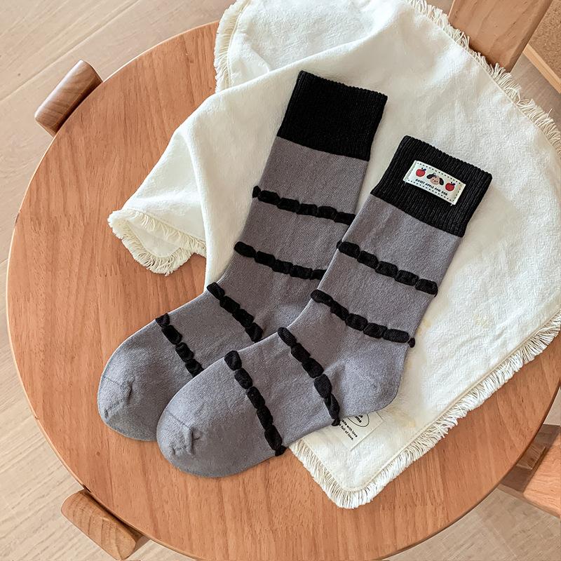 Female Spring and Autumn Color Bubble Stripes Cute Cartoon Dog Cloth Logo Boneless Tube Pile Socks