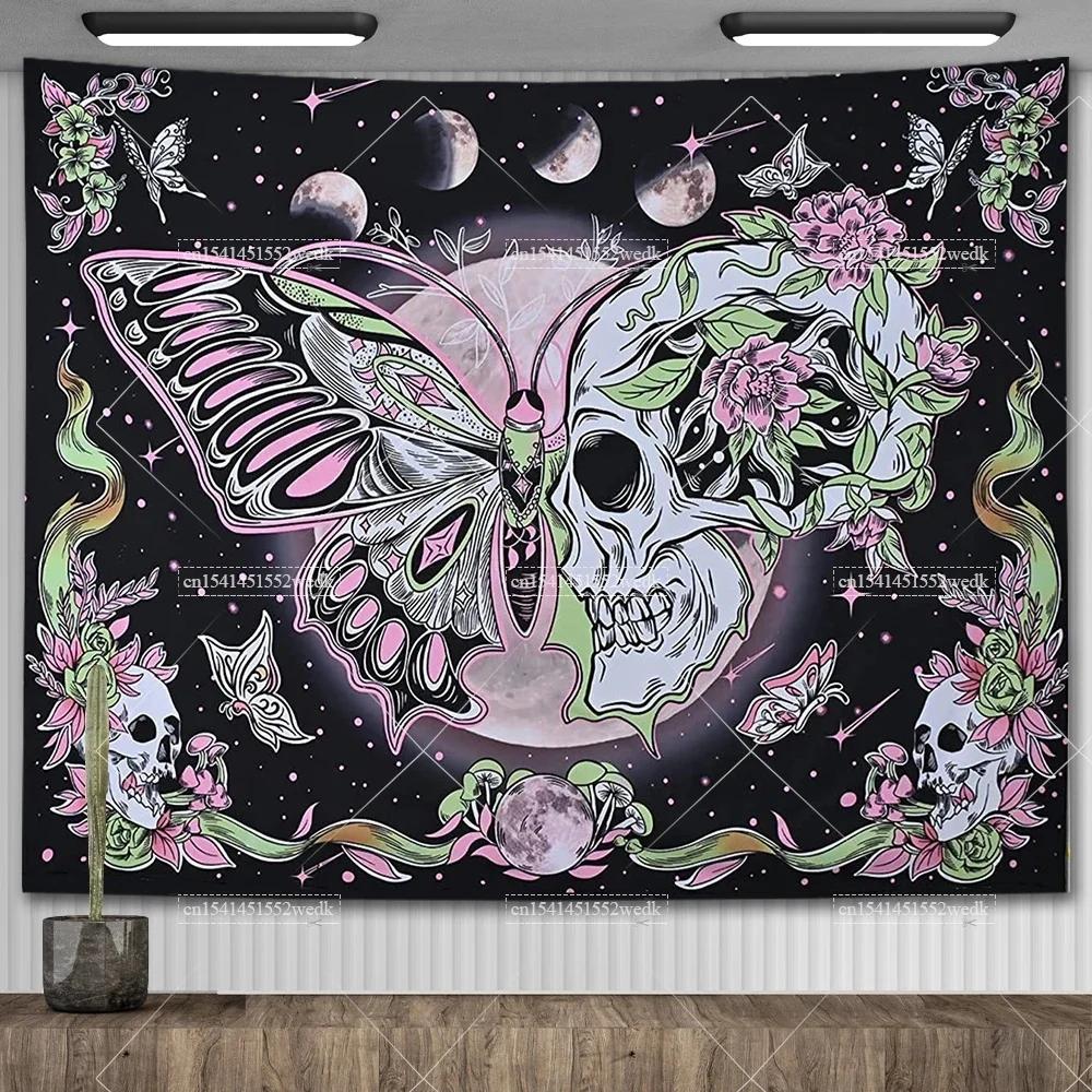 Skull Floral Tapestry Mushroom Skeleton Goth Tapestry Aesthetic Room Decor Moth Moon And Stars Wall Tapestry Home Decoration