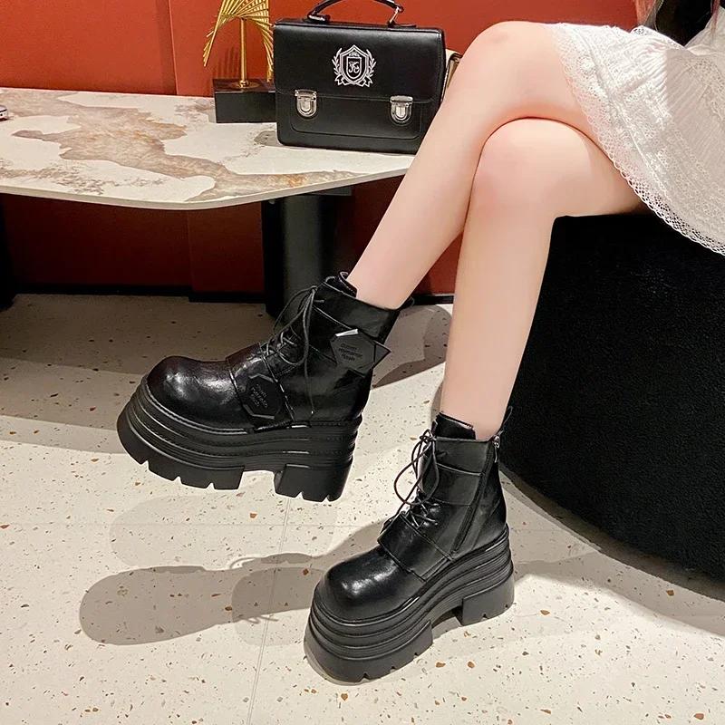 Fashion 10.5CM Winter Women Thick Sole Warm Fur Ankle Boots Platform Leather Motorcycle Boots High Heels Plush Chunky Punk Shoes Woman