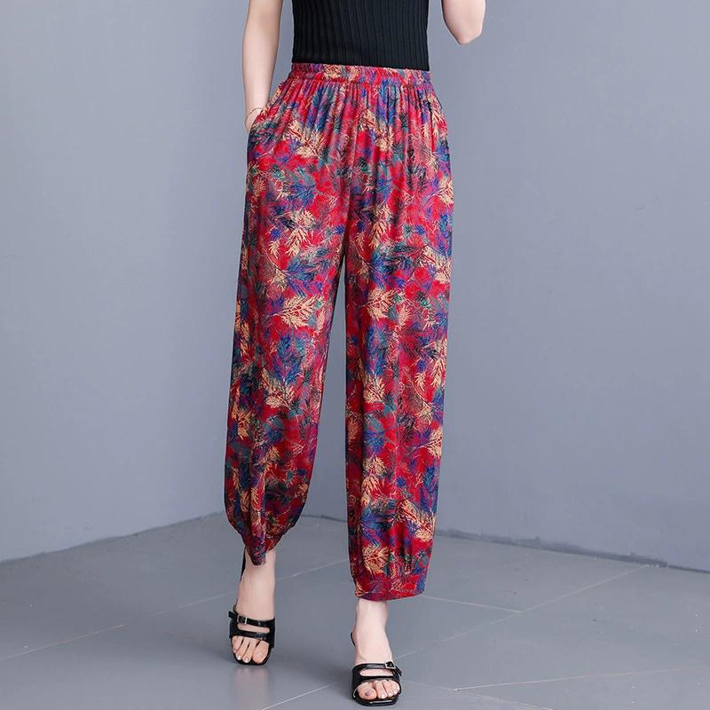 Woman Summer High Waist Pants Plus Size Elastic Waist Floral Lantern Pants