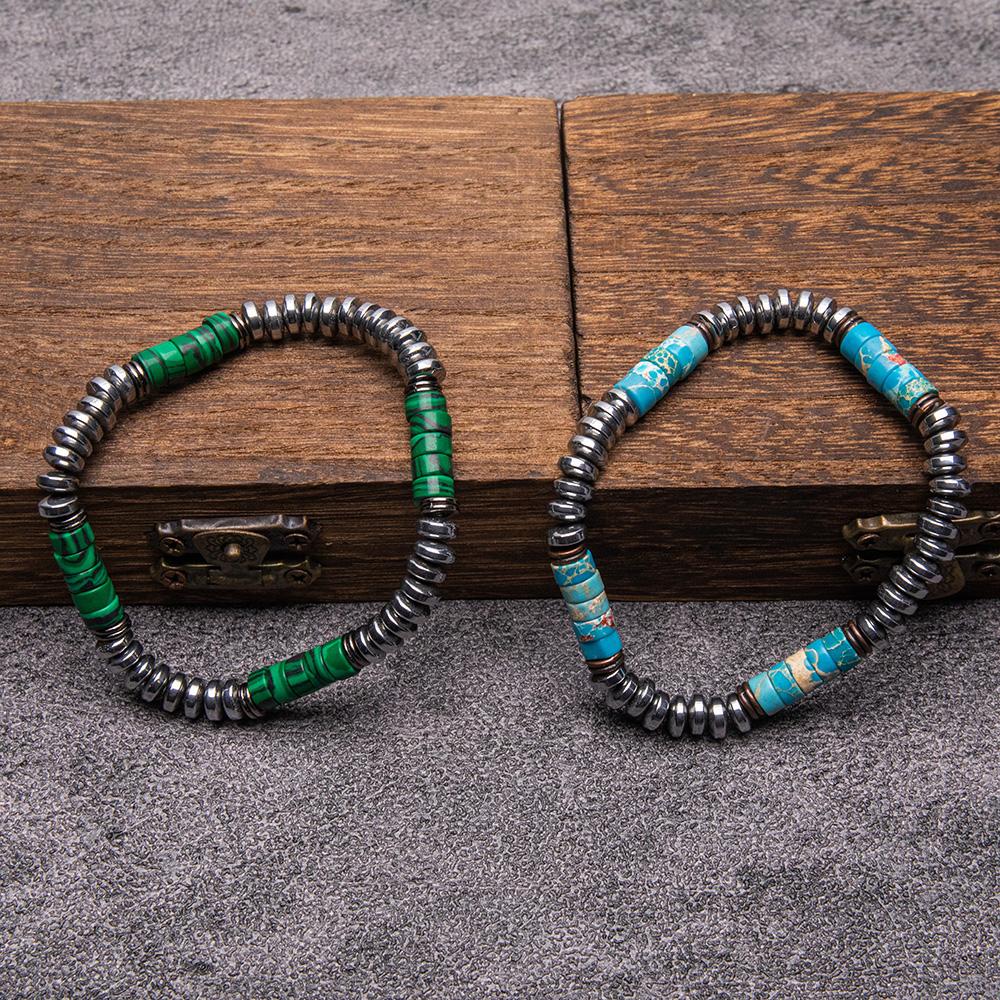 Vintage Malachite Bead Bracelet with Silver Tone Metal Beads Bohemian Ethnic Style Jewelry Men Women Wristband Gift