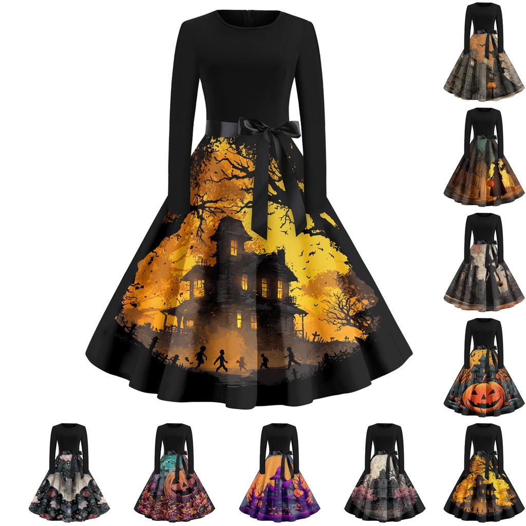 Women's Casual Fashion Round Neck Halloween Printed Vintage Dress