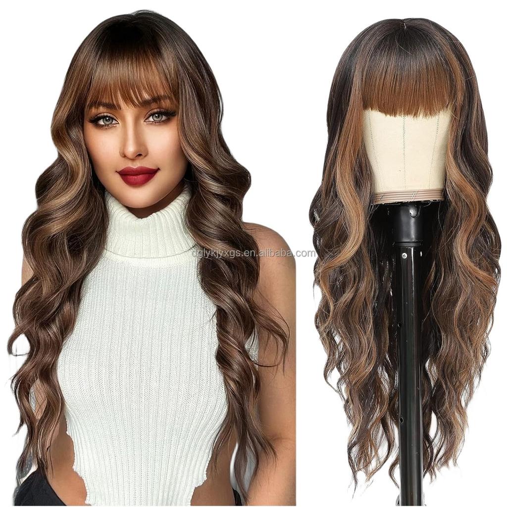 Hot Sales 26Inch Brown Mixed Blonde Wigs with Bangs for Women Wavy Curly Hair Heat Resistant Synthetic Fiber Wigs Women Hair