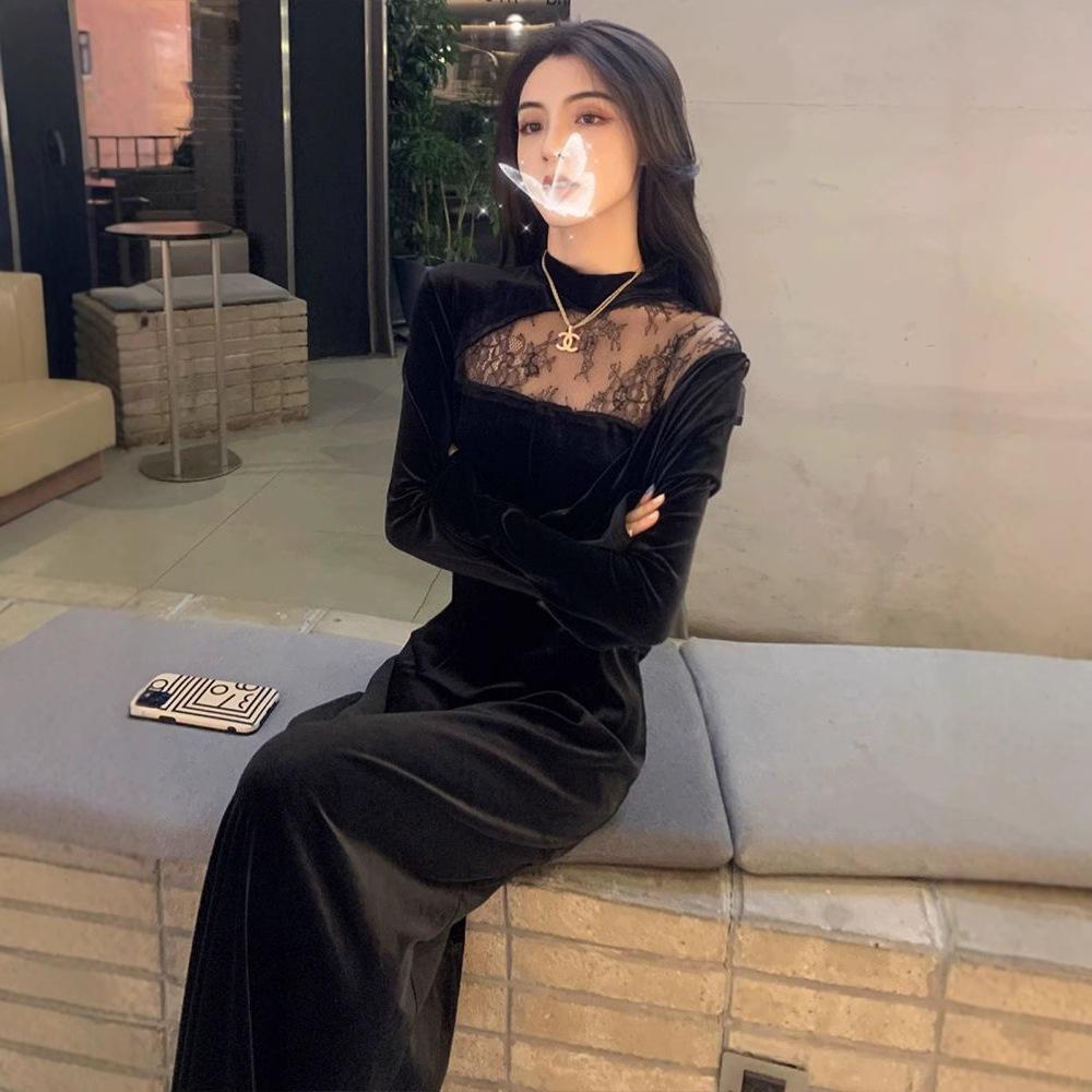 

Осеннее французское приталенное платье с сетчатыми вставками 2025 Small чёрный