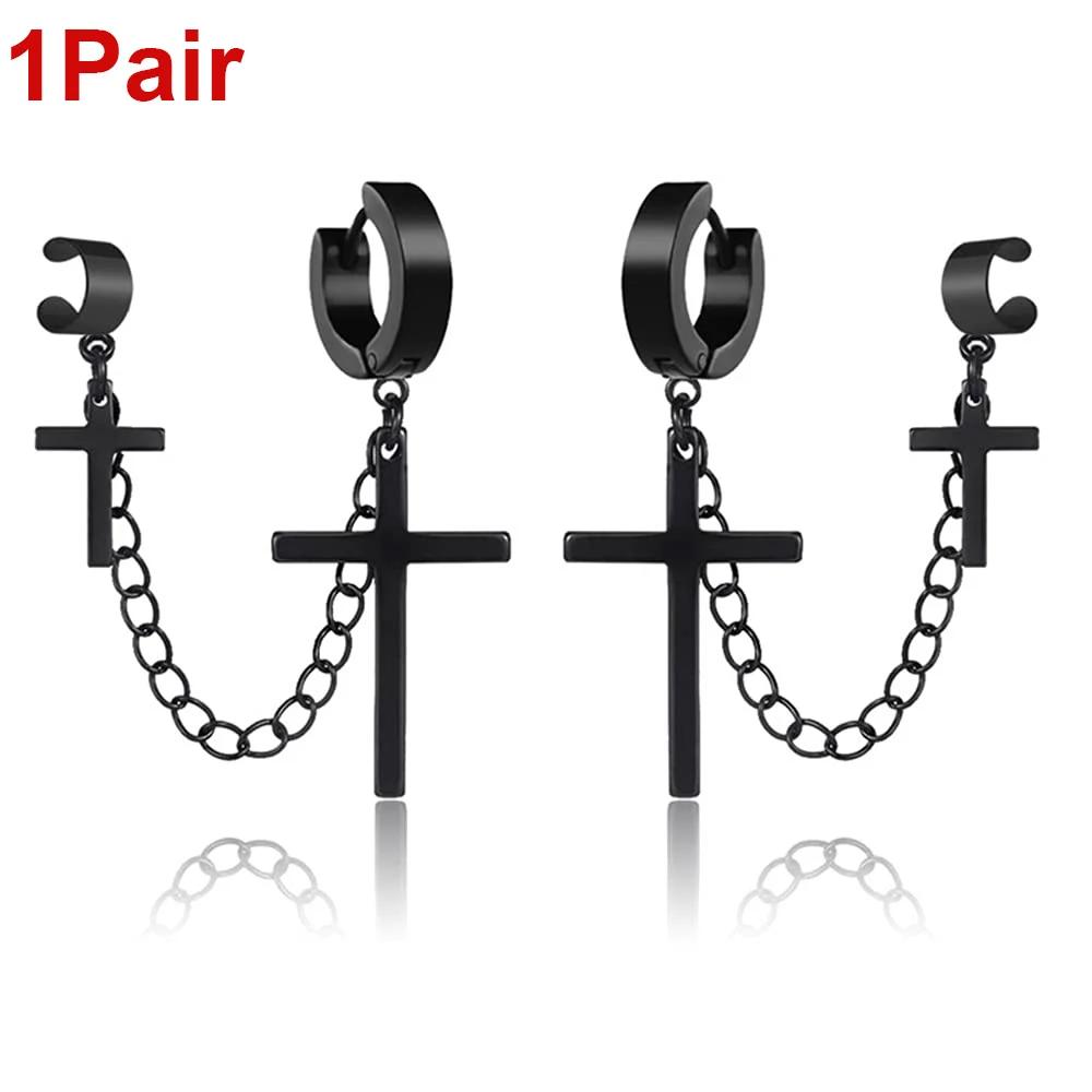 Punk Cross Tassel Øredobber Kvinner Integrert Clip Stud Ørering Kristen Gotisk Hip Hop Smykker Metallkjede Ørering Ørering Ørering Menn