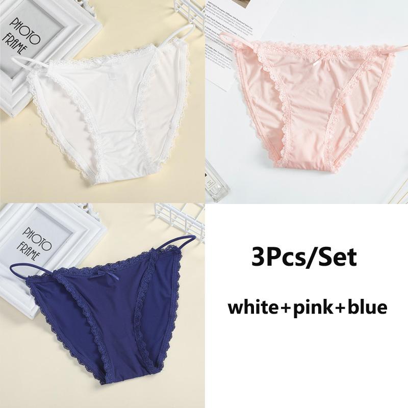 Seamless Lace 3pcs Sexy Women Panties Silk Lingerie Girls Cute Bow Underpants