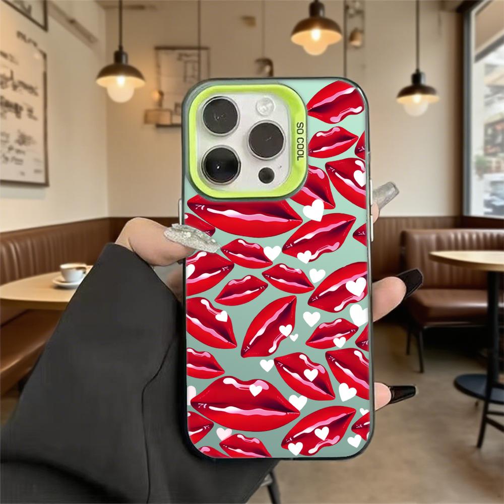 Red Lips with Heart Accents Hard Phone Case for Iphone 16 15 14 13 12 11 Pro Max Mini Shockproof Anti-Scratch Protective Cover