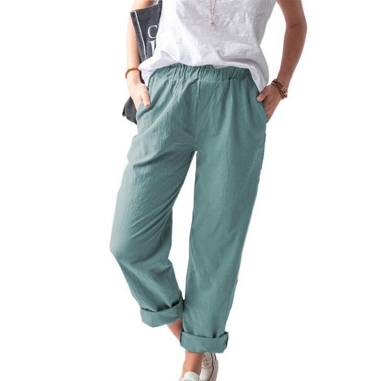 Summer Women Solid Color Casual Elastic High Waist Straight Pants S
