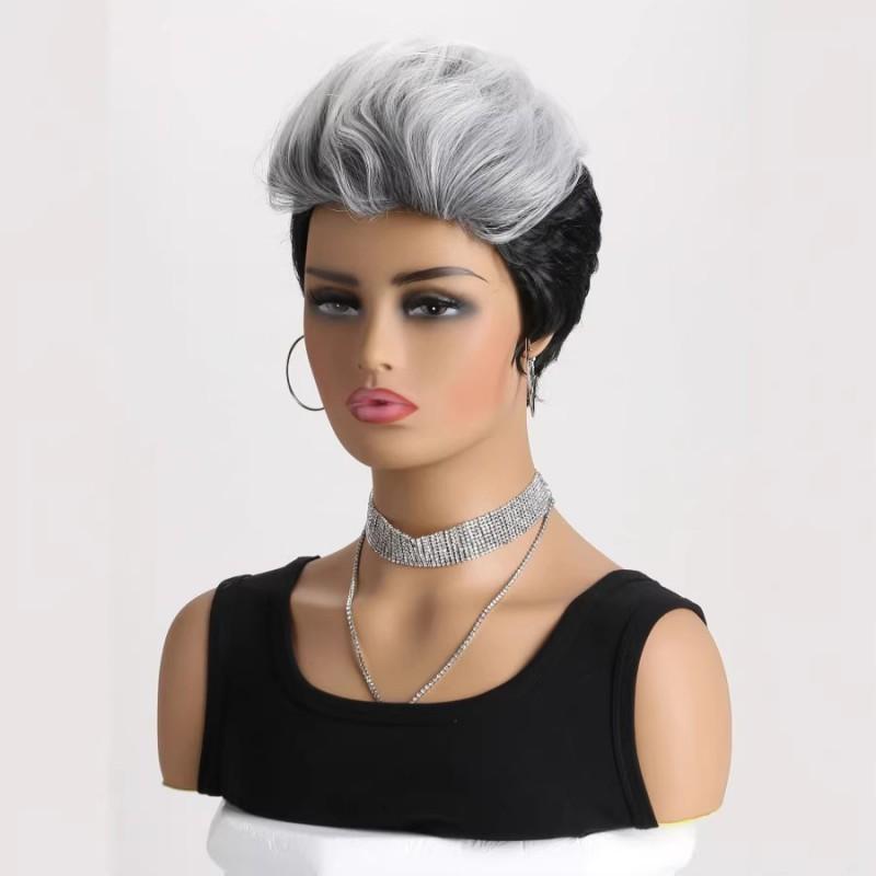 Fashion Short Wavy Wig Women White Black Gradient Fluffy Synthetic Hair Natural Look