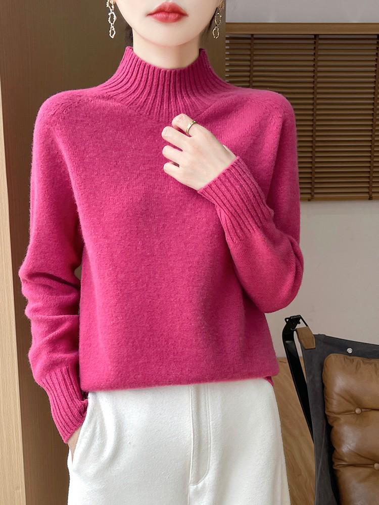 Women's 100% Pure Wool Half-High Neck Long-Sleeve Pullover Sweater - Thickened Base Layer for Autumn and Winter