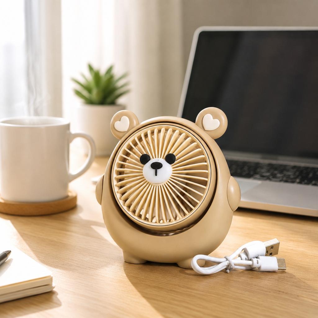 Cute Bear Shaped Desktop Fan USB Rechargeable Portable Small Fan for Office Home Travel Personal Cooling with Adjustable Angle and Quiet Operation