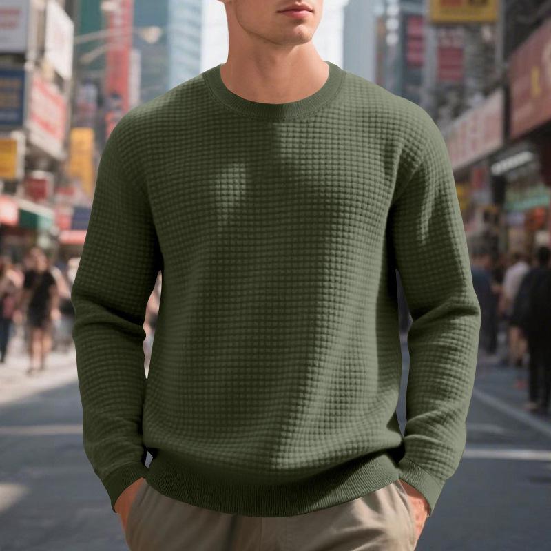 Men s Plain Color Waffle Knit Round Neck Pullover Hoodie M