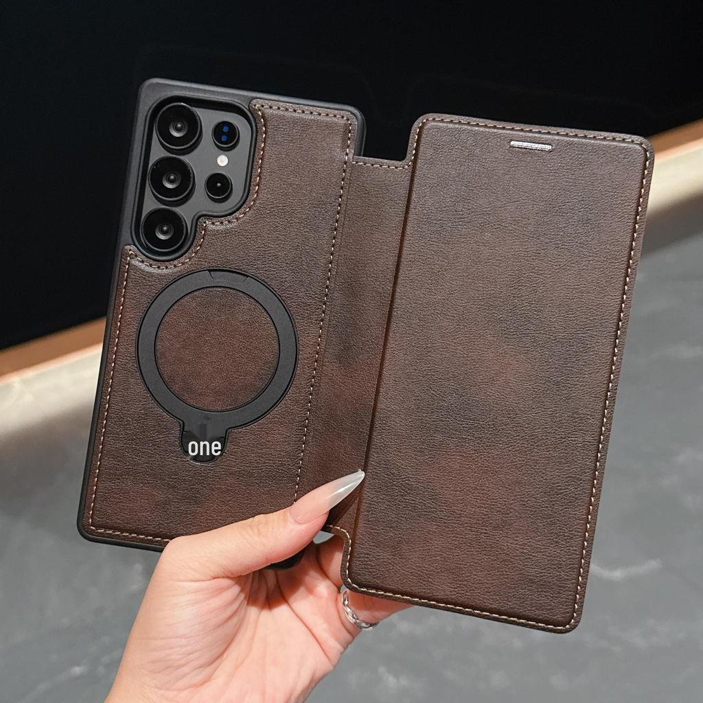 Samsung S25 Ultra Flip Card Holder Phone Case with Armor Shield and Rotating Magnetic Stand - Full Coverage Anti-Drop A17 Case