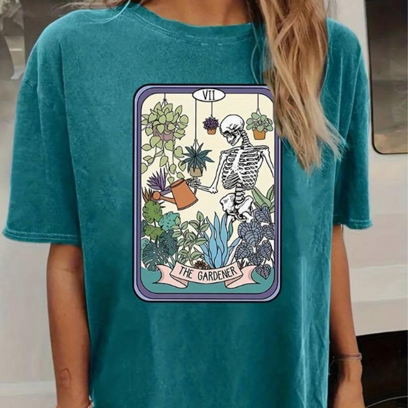 

Модная женская футболка с принтом скелета и растений, забавная повседневная футболка с короткими рукавами и круглым вырезом, летняя женская футболка L синий