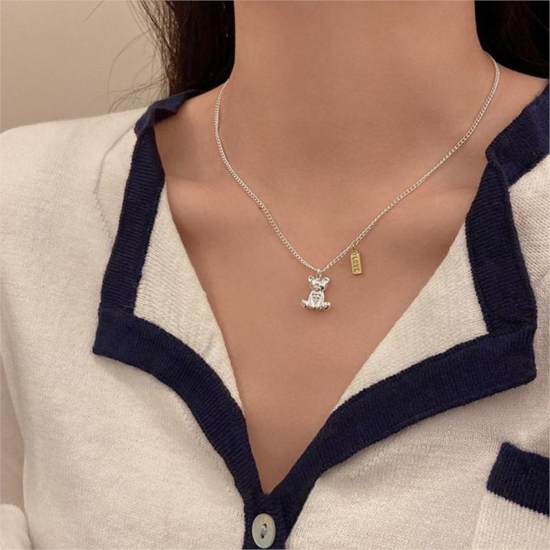 ANENJERY Little Bear Love Heart Letter Necklace For Women Men Clavicle Chain Fashion Jewelry Birthday Gift