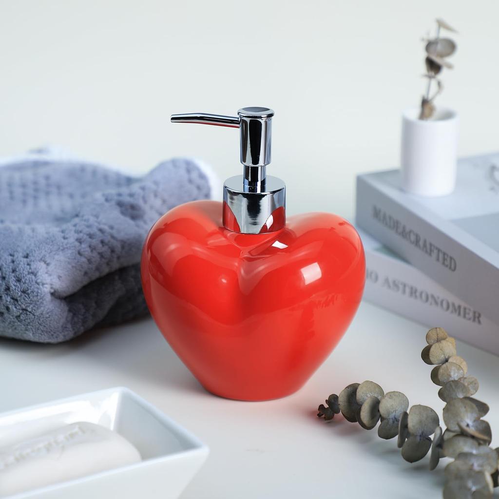 Bicuzat Red Heart Shaped Soap Dispenser with Plastic Pump, Refillable Lotion Soap Bottle, Lotion Bottle, Hand Soap Dispenser, Home Decoration