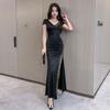 Women's Clothing Dancing Long Dress Spice Girl Looking Thin Night Show Low Cut New Dress Slim Temperament Sexy
