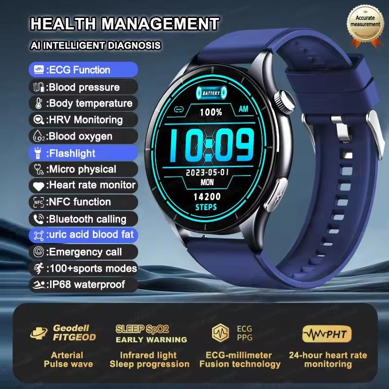 2026 New Men Uric Acid Blood Lipid Monitor Smart Watch ECG Blood Pressure Blood Oxygen Heart Rate Temp BT Call Health Smartwatch Sports Fitness Watch