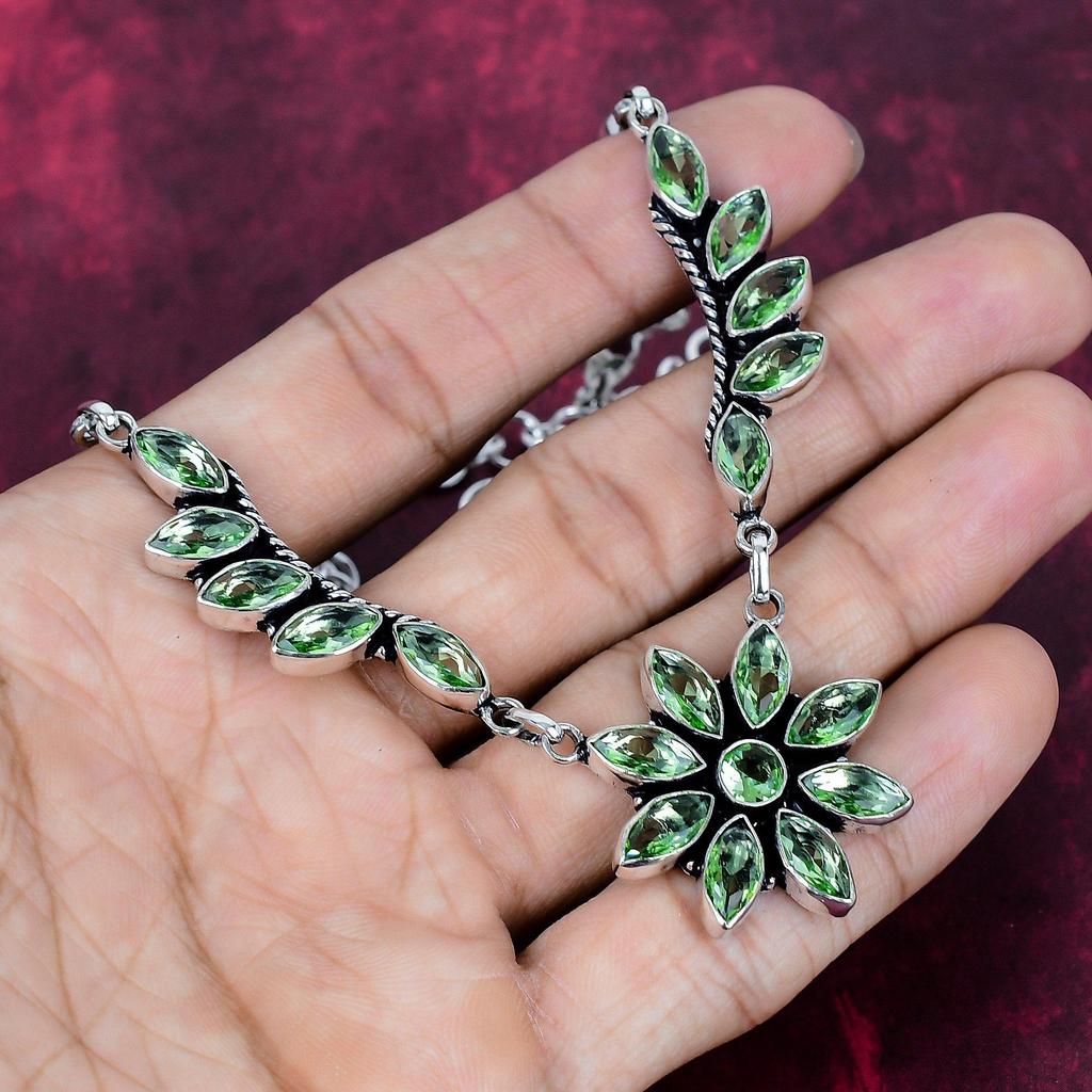 Green Amethyst Handmade Gemstone Necklace, 925 Solid Sterling Silver Necklace Antique Jewelry, For Engagement Gift