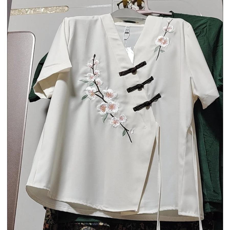 Summer V Neck Chinese Embroidery Blouse Women Oblique Frog Buttons Tie Loose Casual Shirt