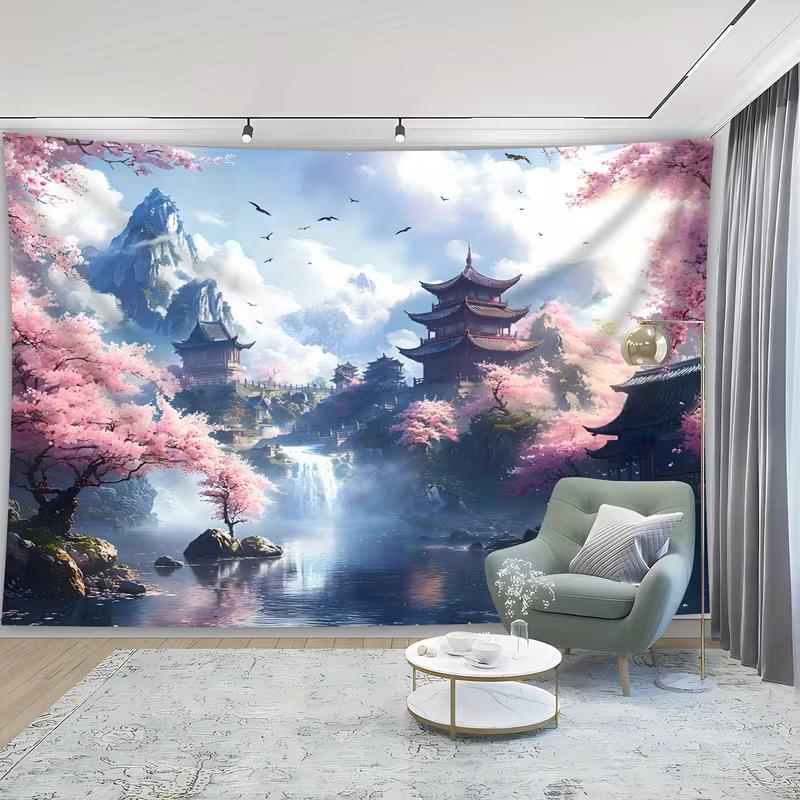 2D Japanese Waterfall Tapestry Cherry Blossoms and Ancient Temple Wall Hanging