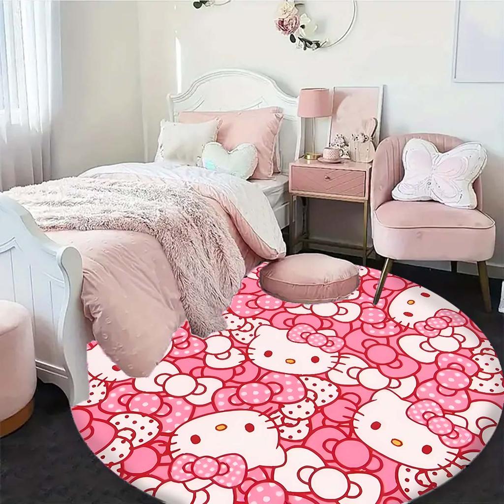 Cute Hello Kitty cartoon print round rug, home floor protector, children's room decoration, available in multiple sizes.