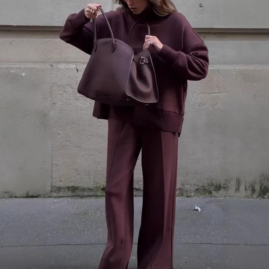 

Женский осенний комплект из 2 предметов Новейший повседневный простой однотонный пуловер с длинным рукавом и воротником-стойкой Свободные брючные костюмы с широкими штанинами XS вино красного